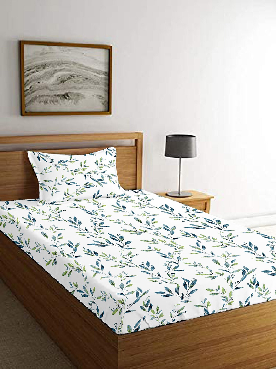 

MAYFAIR HOMES LONDON White & Blue Floral 210 TC Single Bedsheet with 1 Pillow Covers