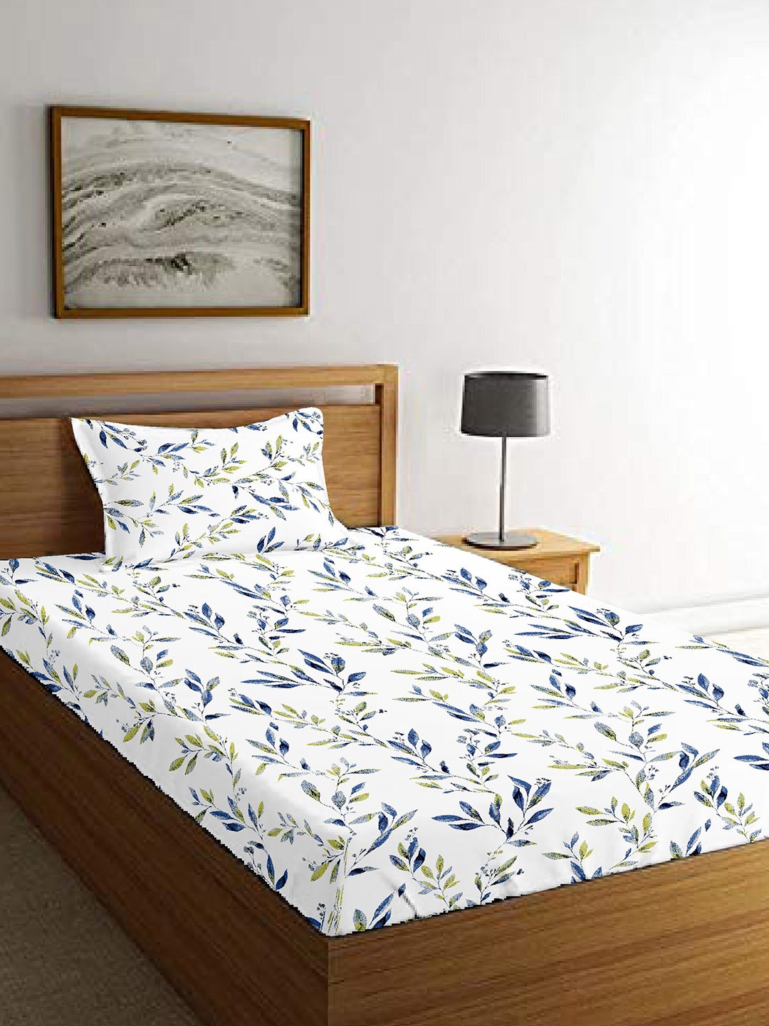 

MAYFAIR HOMES LONDON White & Blue Floral 210 TC Single Bedsheet with 1 Pillow Covers