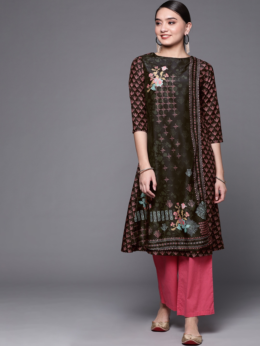 

Biba Women Black & Pink Ethnic Motifs Printed A-Line Kurta