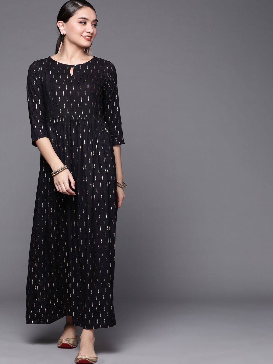 

Biba Women Black & Golden Geometric Print Ethnic Maxi Dress