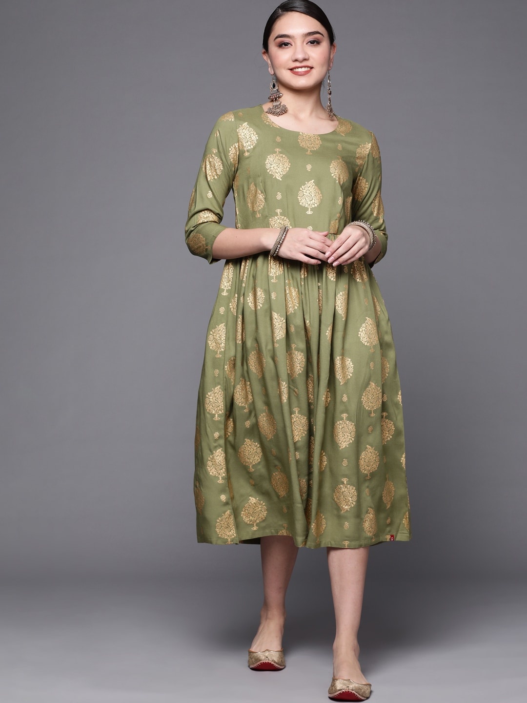 

Biba Women Olive Green & Golden Ethnic Motifs Print A-Line Midi Dress