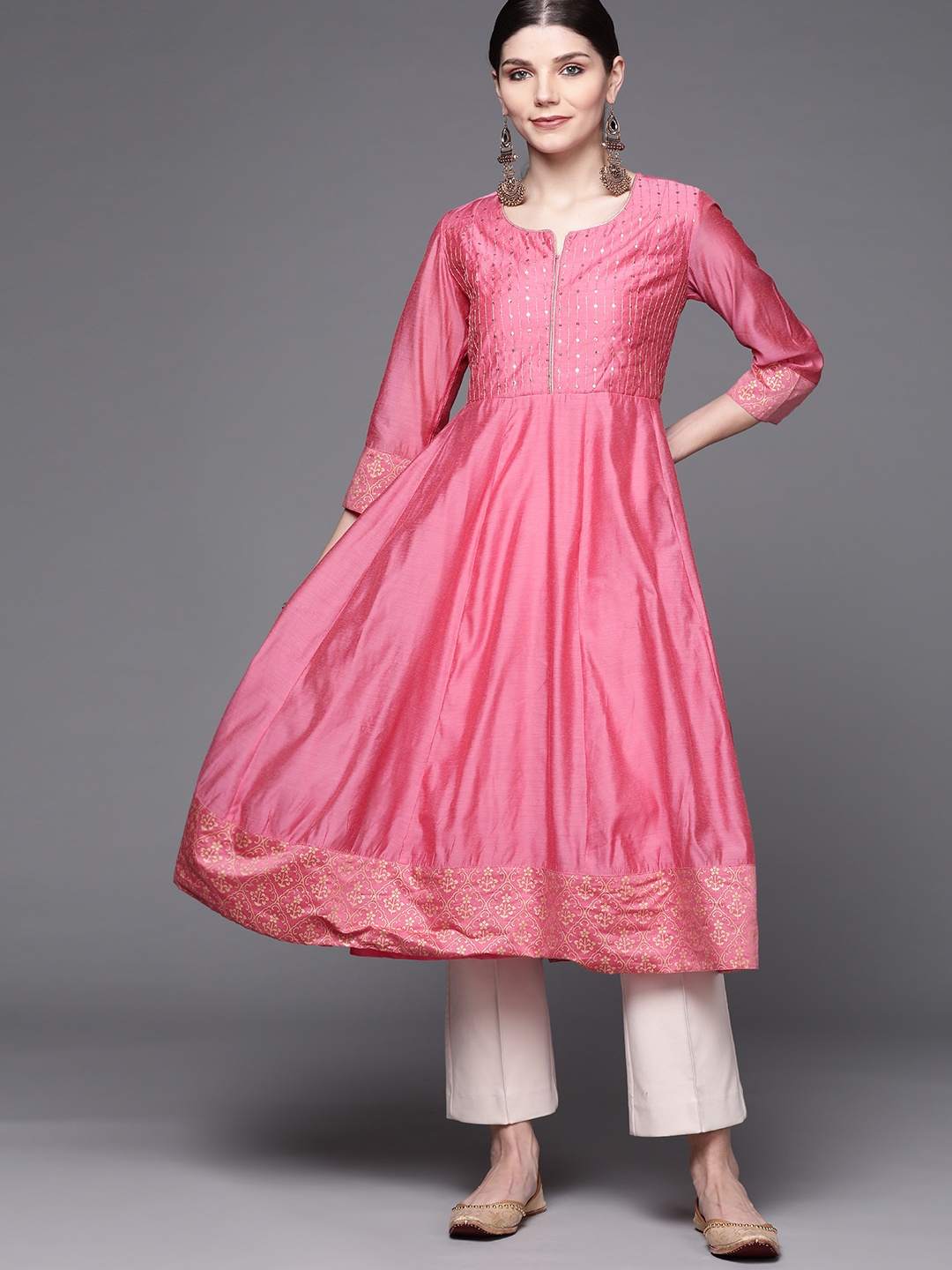 

Biba Women Pink Ethnic Motifs Printed Regular Sleeves Sequined Anarkali Kurta