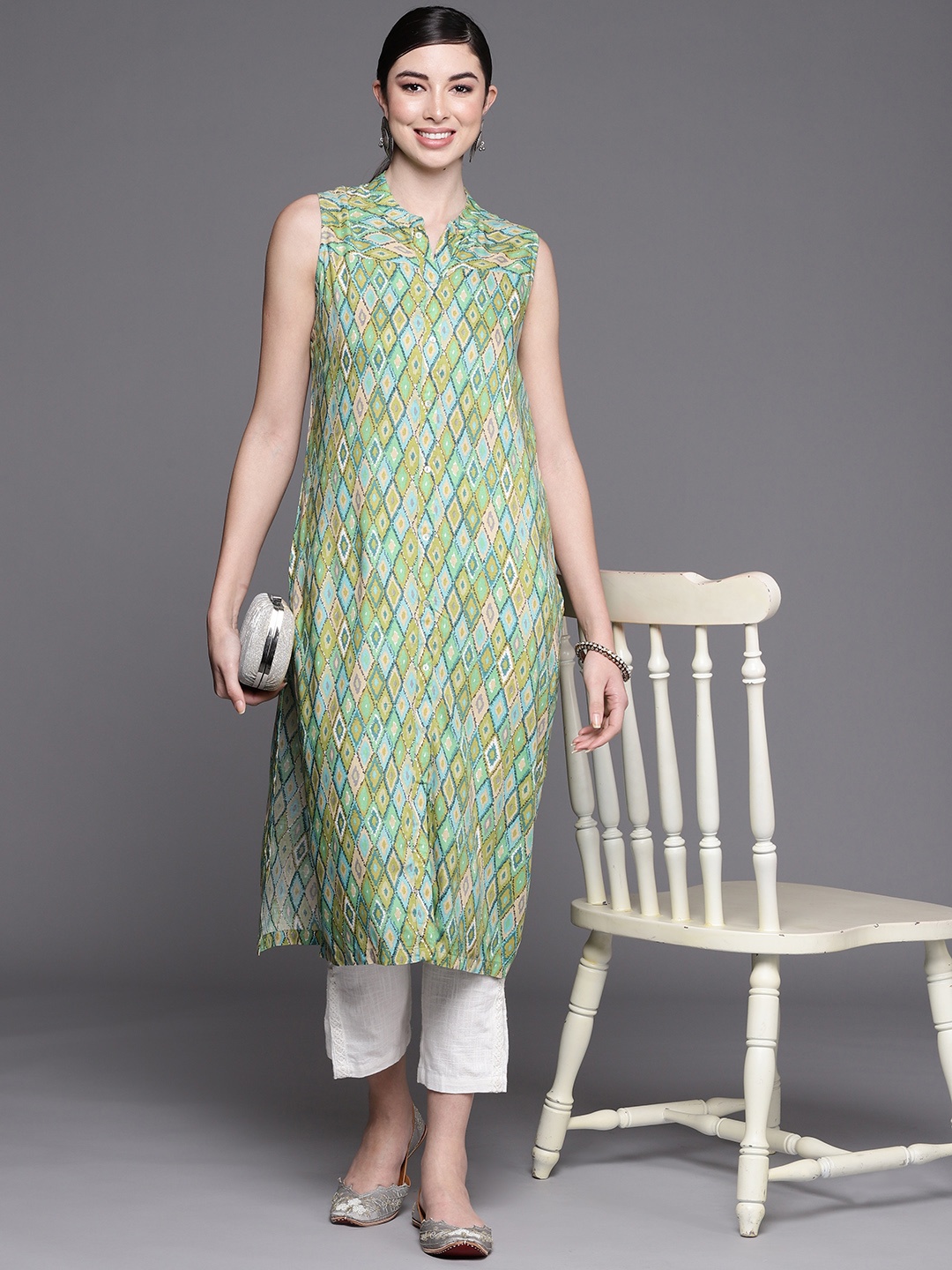 Biba Women Green Geometric Printed Kurta