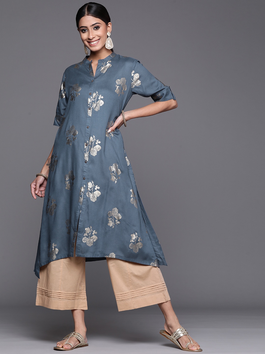 

Biba Women Blue & Golden Ethnic Motifs Printed Asymmetric Kurta