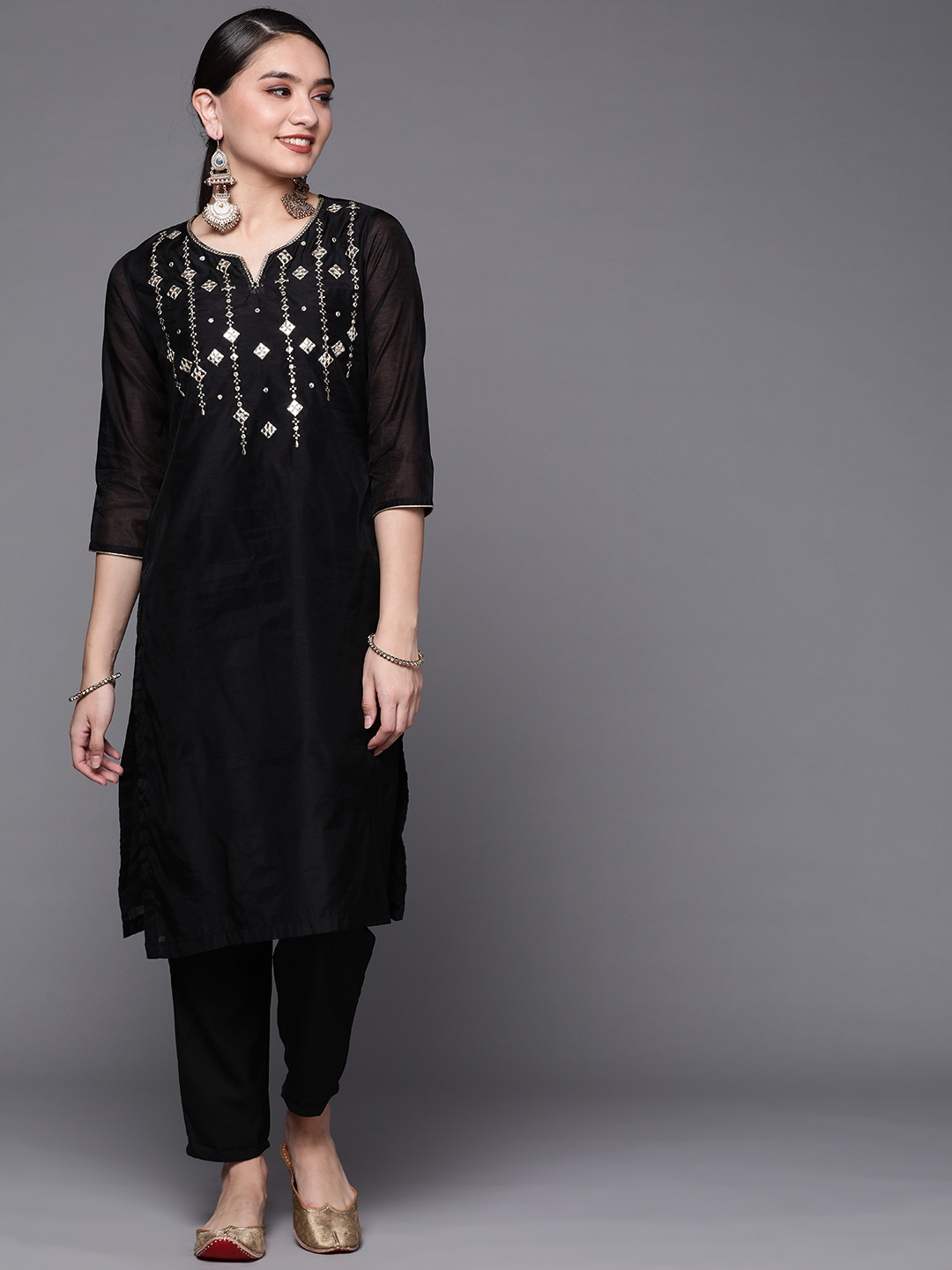 

Biba Women Black Yoke Design Mirror Work Kurta