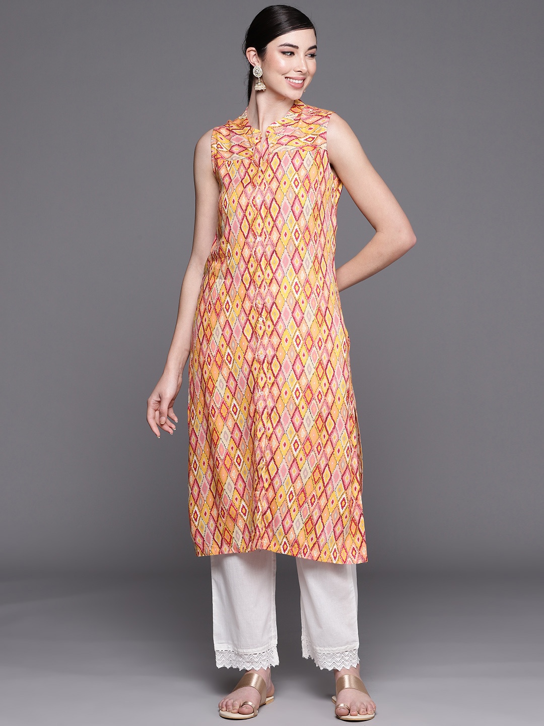 

Biba Women Peach & Mustard Yellow Geometric Printed Kurta