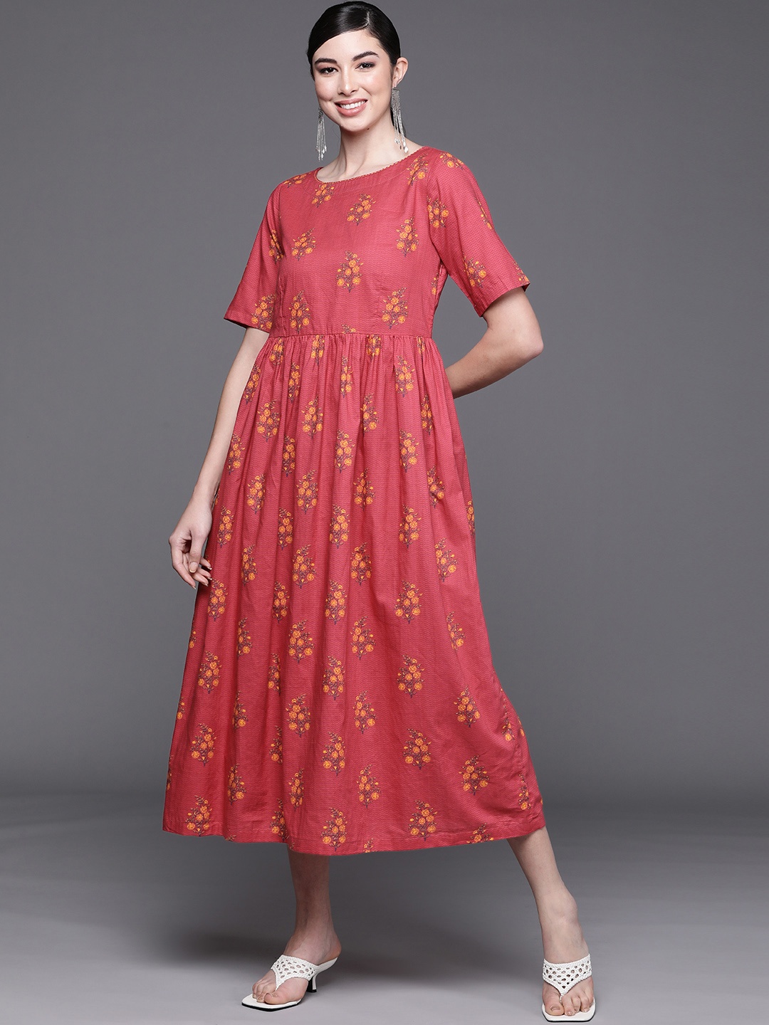 

Biba Women Fuchsia Floral Printed Pure Cotton A-Line Maxi Dress