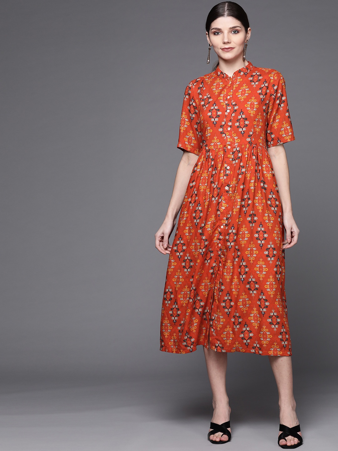 

Biba Rust & Mustard Yellow Ethnic Motifs Formal Midi Dress