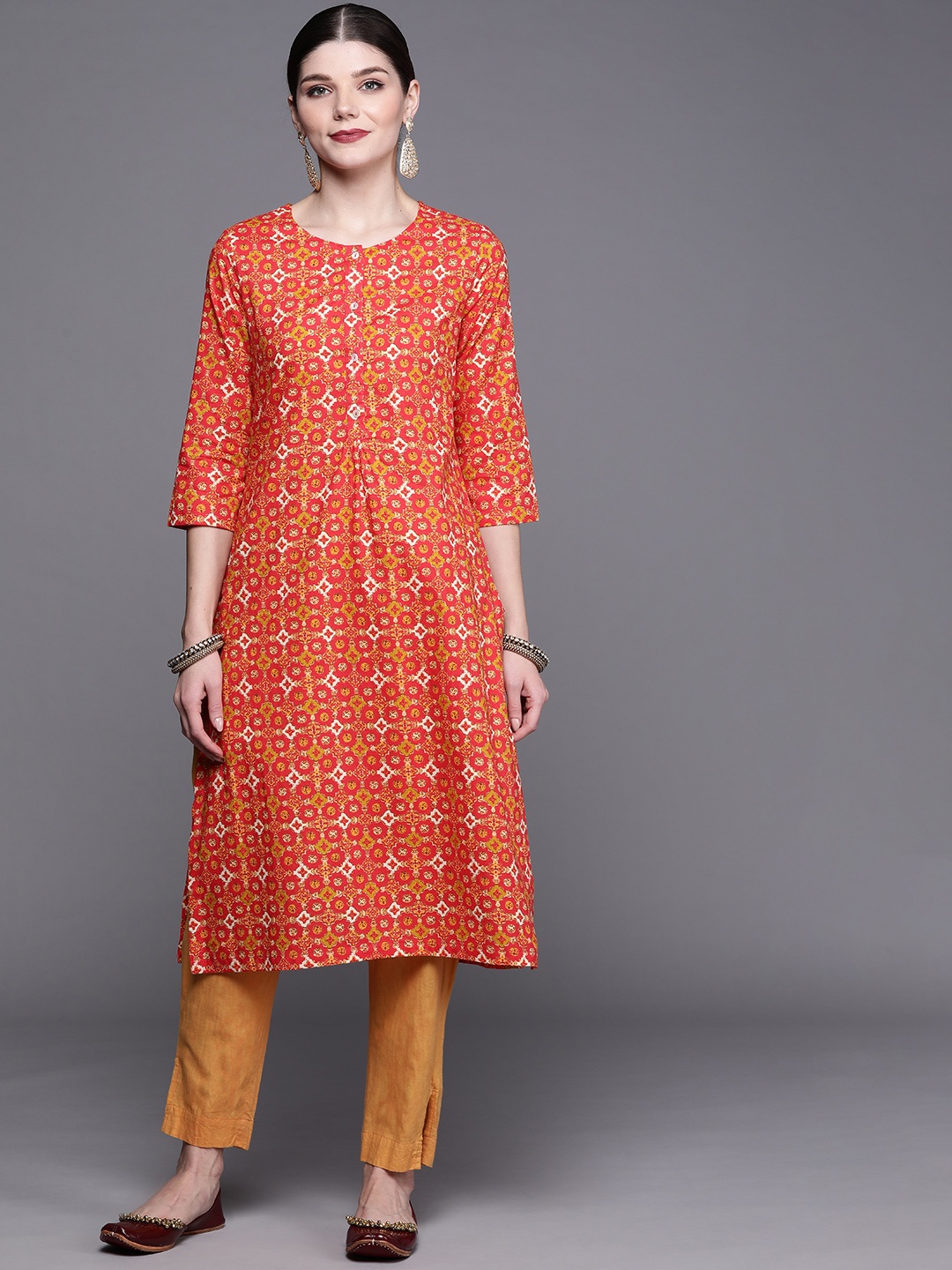 

Biba Women Coral Orange & Mustard Yellow Ethnic Motifs Printed Kurta