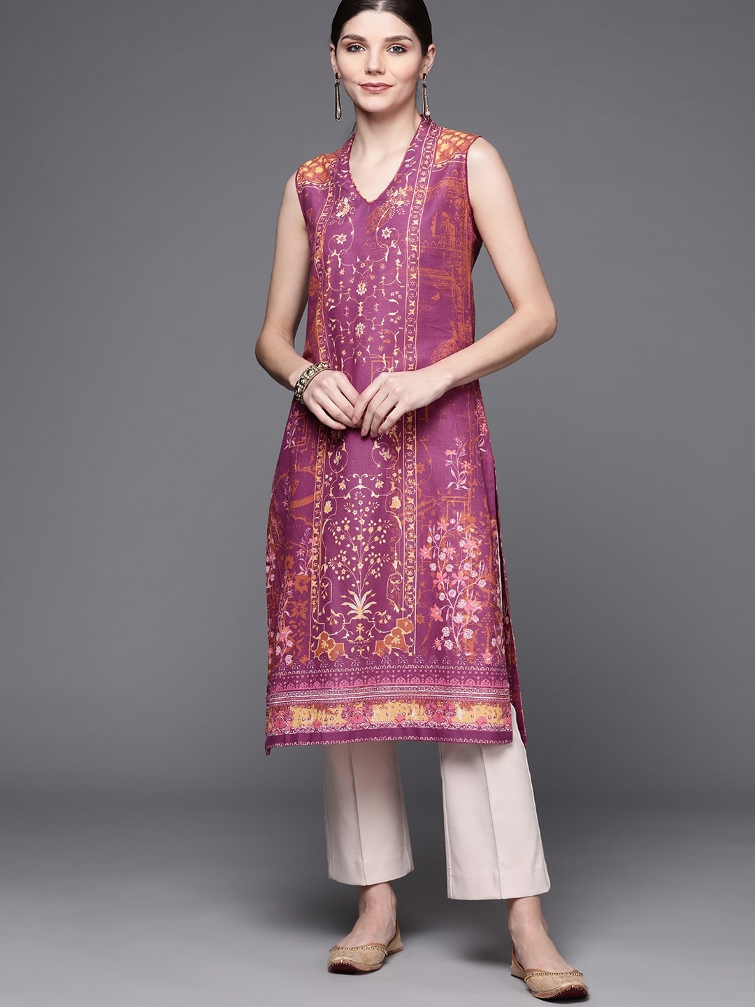 

Biba Women Purple & Brown Pure Cotton Ethnic Motifs Printed V-Neck Sleeveless Kurta