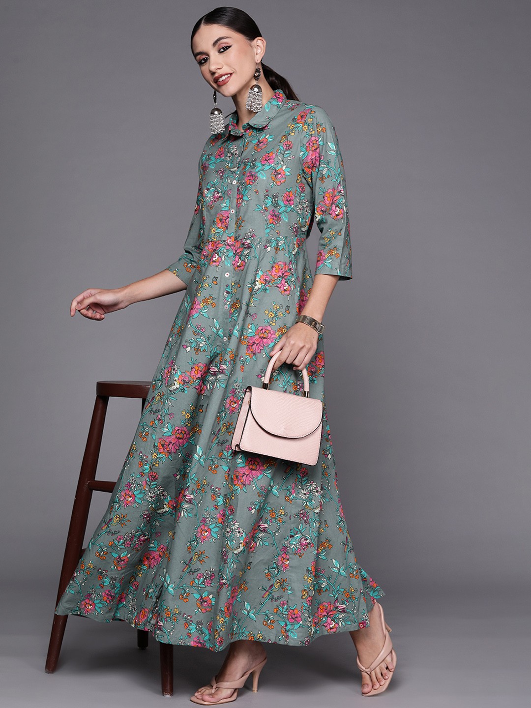 

Biba Grey & Pink Pure Cotton Floral Printed Shirt Style Maxi Dress
