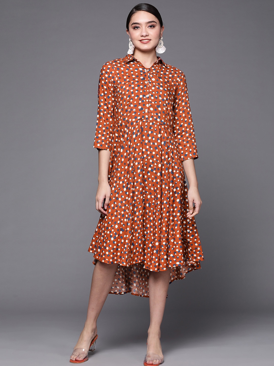 

Biba Women Rust Orange & Cream-Coloured Geometric Print A-Line Midi Dress