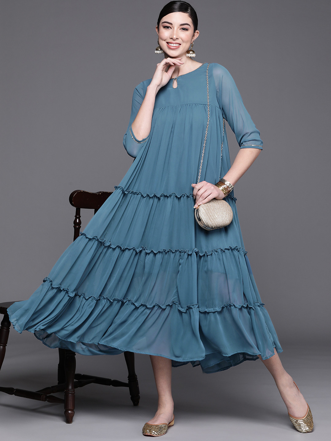 

Biba Women Teal Blue Keyhole Neck Ruffle Tiered Ethnic A-Line Maxi Dress