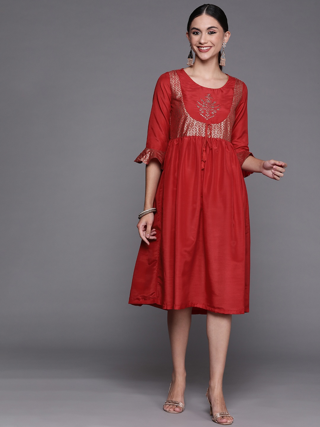 

Biba Red & Golden Ethnic Motifs Printed Embroidered Detail A-Line Midi Dress