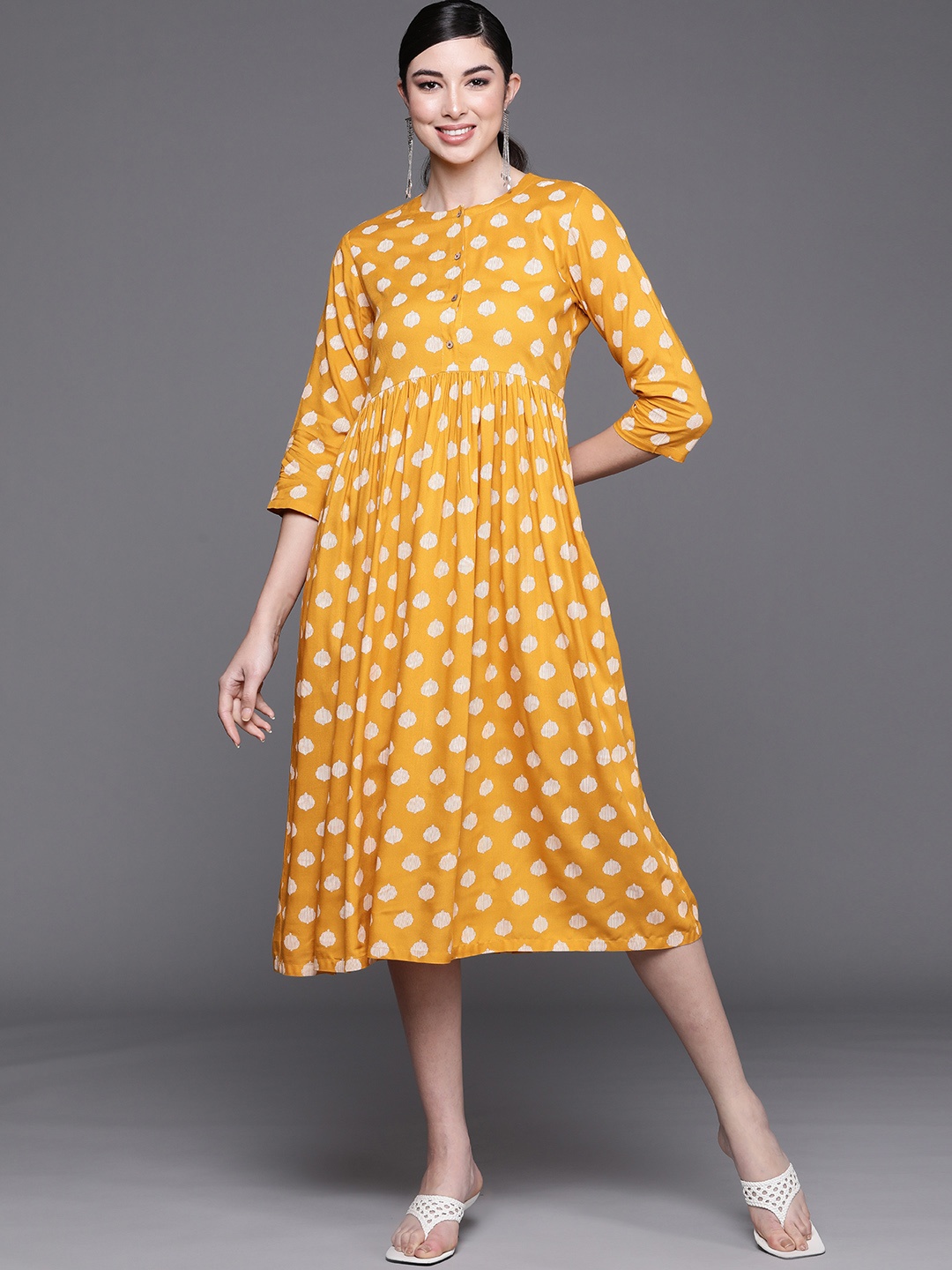 

Biba Women Mustard Yellow & White Geometric Printed Ethnic A-Line Midi Dress