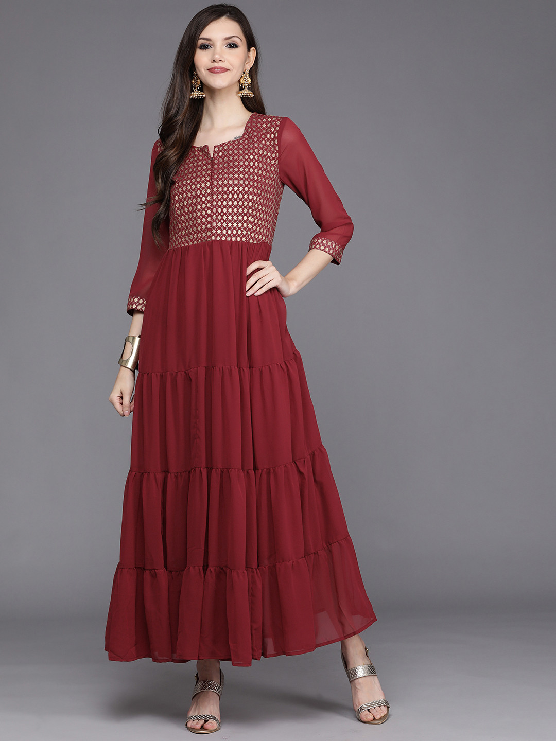 

Biba Maroon & Golden Yoke Print Tiered Maxi Dress