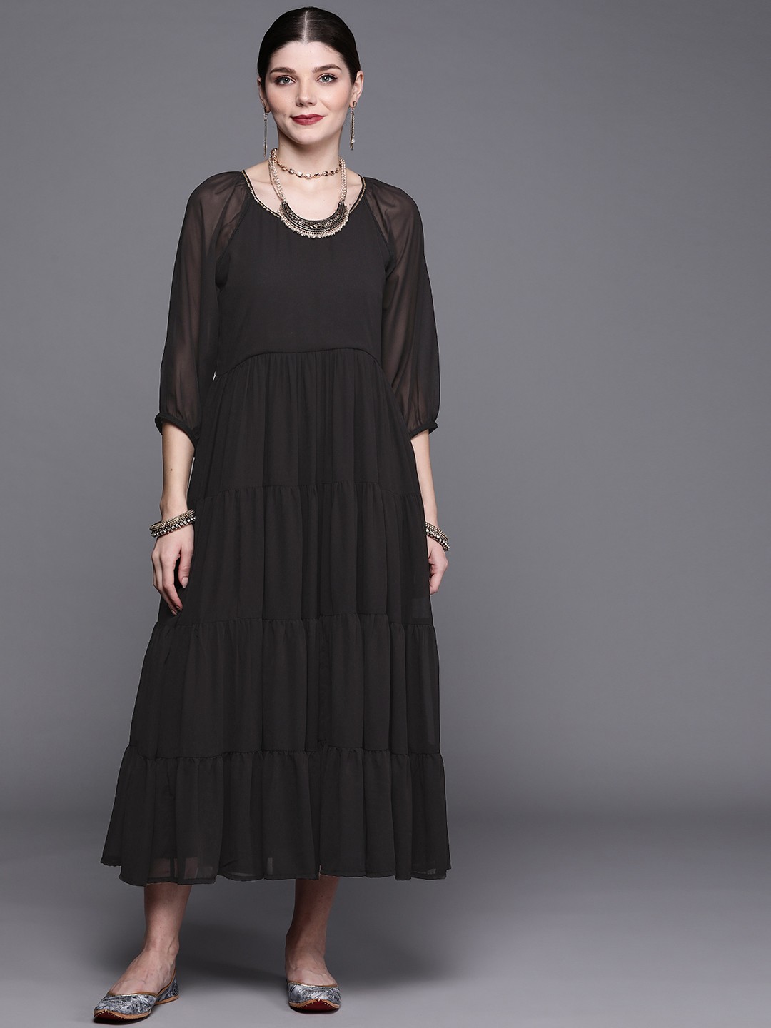 

Biba Women Black Solid Tiered Midi A-Line Dress