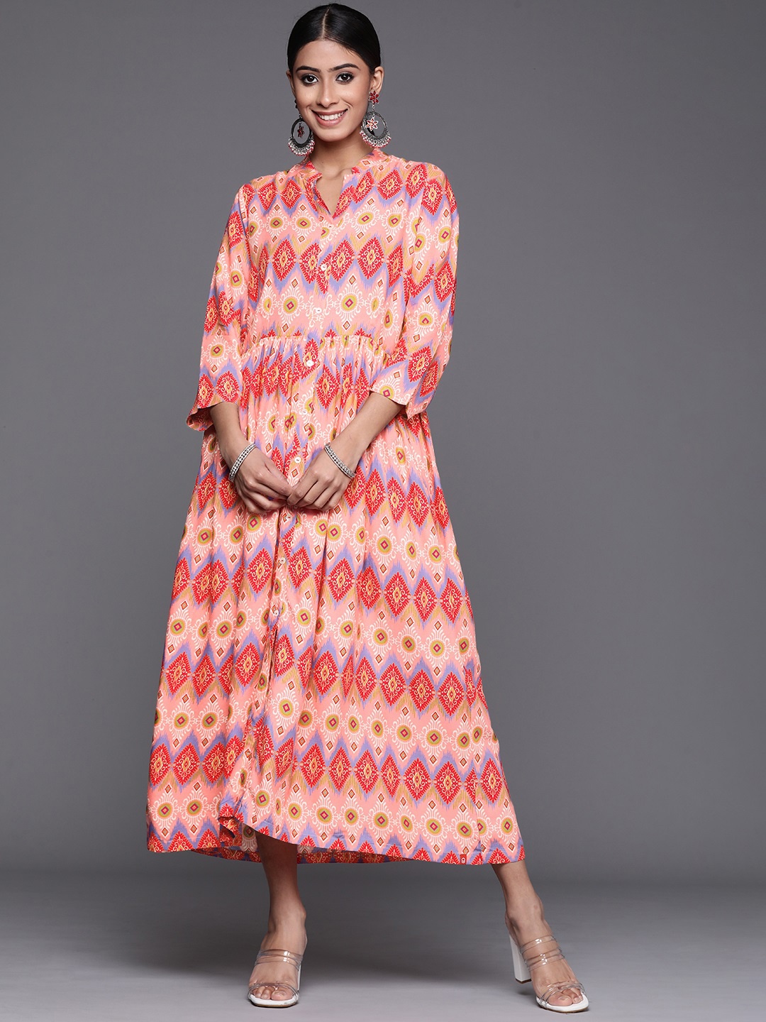 

Biba Peach-Coloured & Red Ethnic Motifs Print Maxi Dress