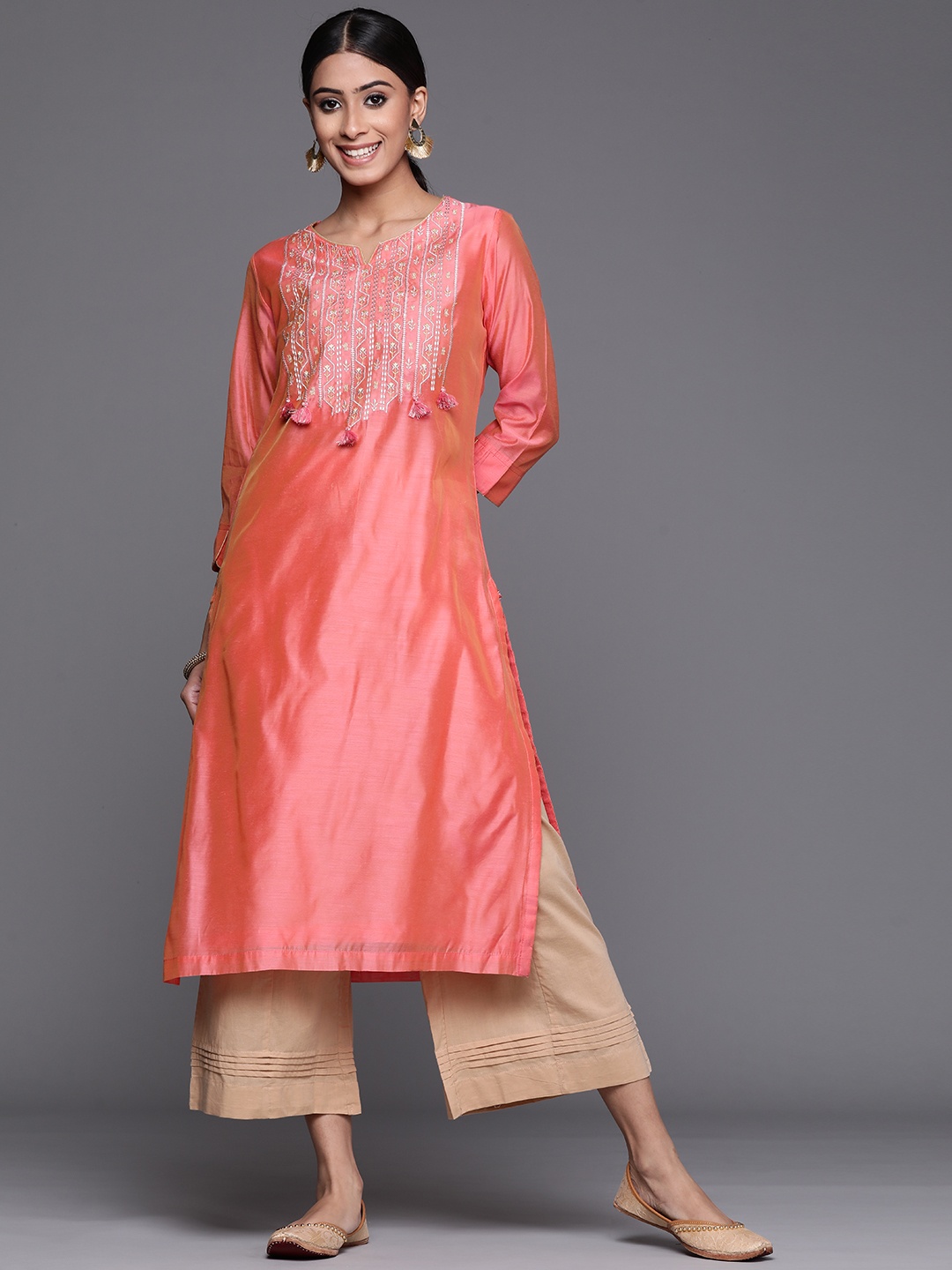 

Biba Women Coral Pink & Golden Embroidered Yoke Straight Kurta