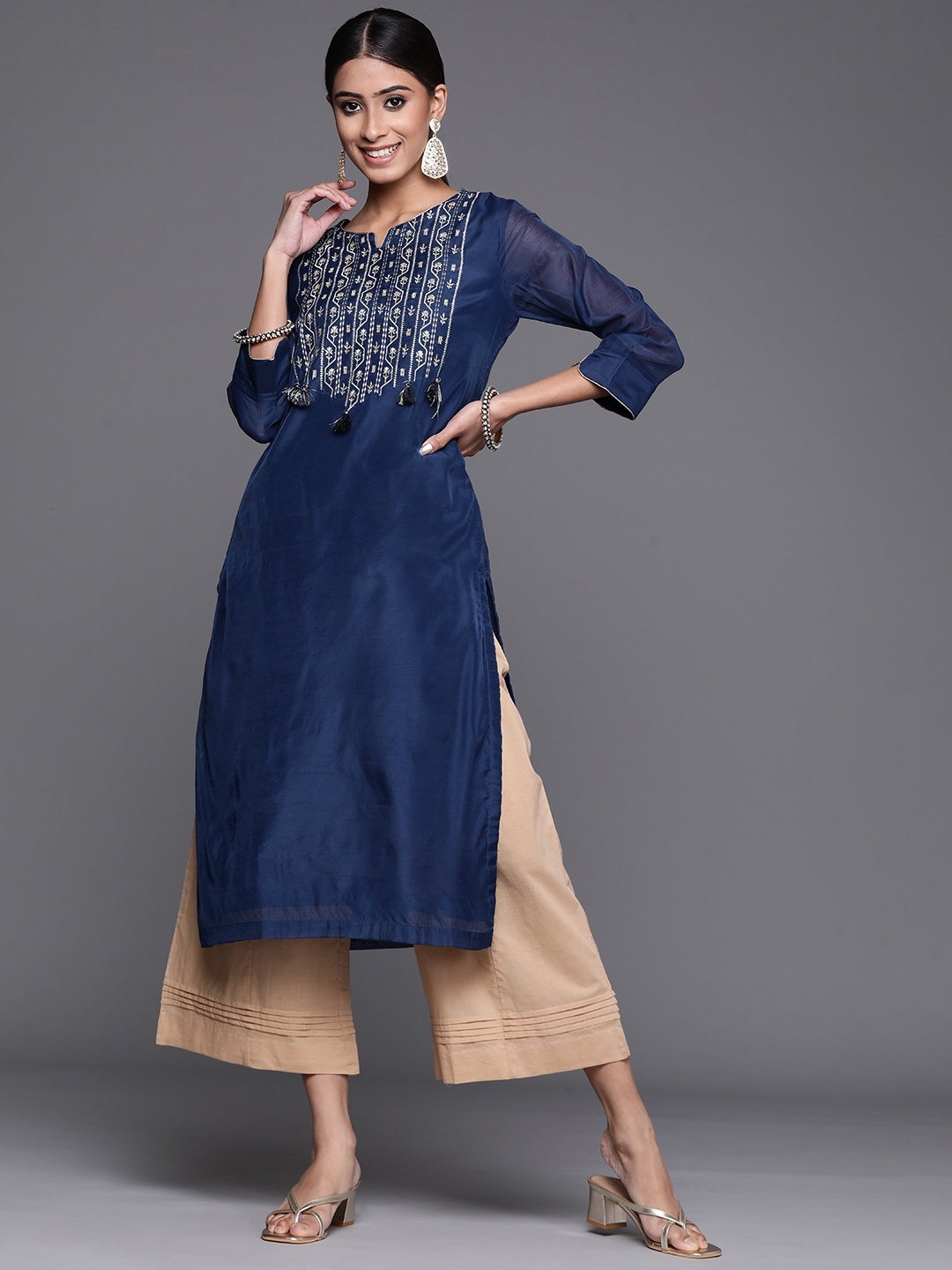 

Biba Women Navy Blue & Golden Embroidered Yoke Straight Kurta