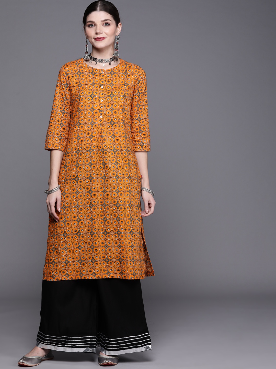 

Biba Women Orange & Charcoal Grey Ethnic Motifs Printed Kurta