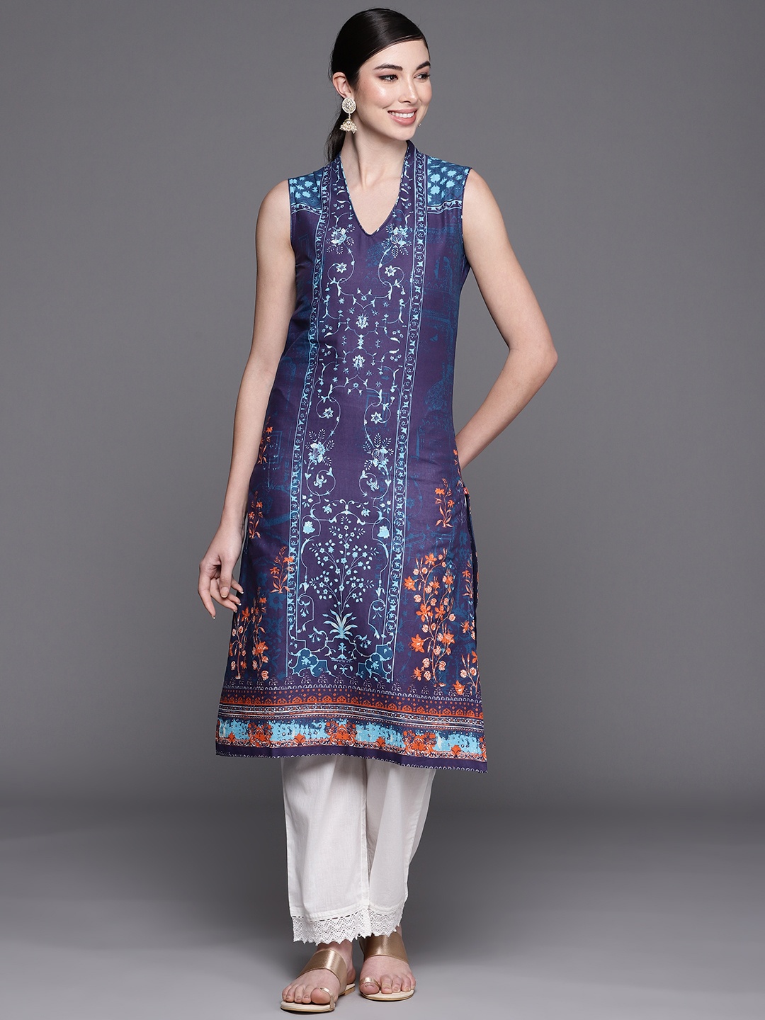 Biba Women Navy Blue Ethnic Motifs Printed Pure Cotton Kurta