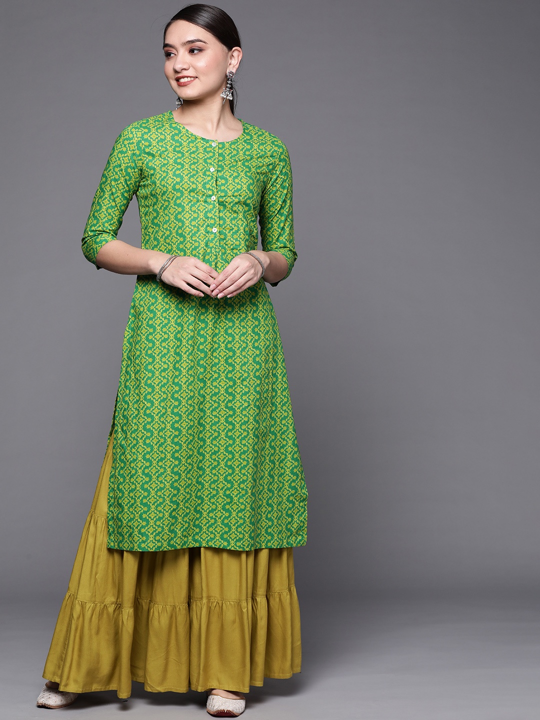 

Biba Women Green & Yellow Pure Cotton Printed Straight Kurta