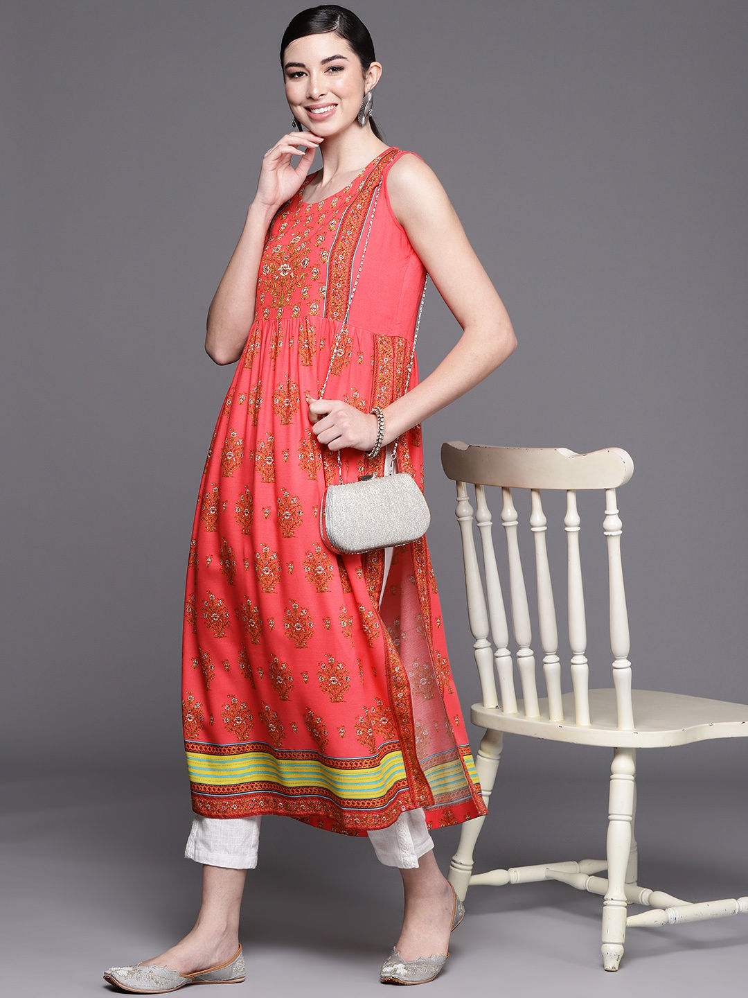 

Biba Women Coral Floral Printed Kurta