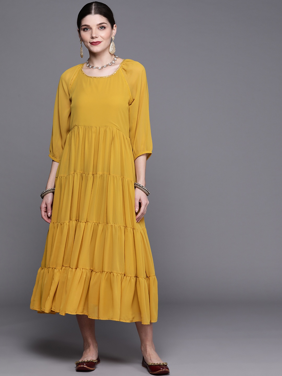 

Biba Women Mustard Yellow Solid Tiered Midi A-Line Dress