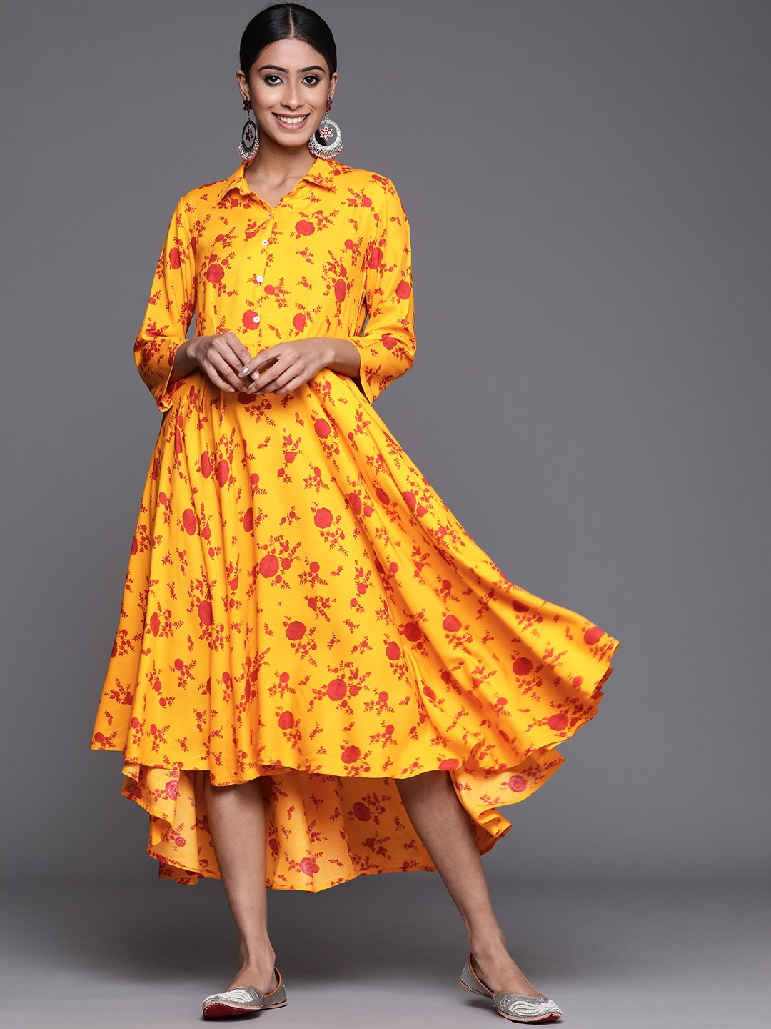 

Biba Yellow & Orange Ethnic Motifs Print High-Low Hem Shirt Maxi Dress