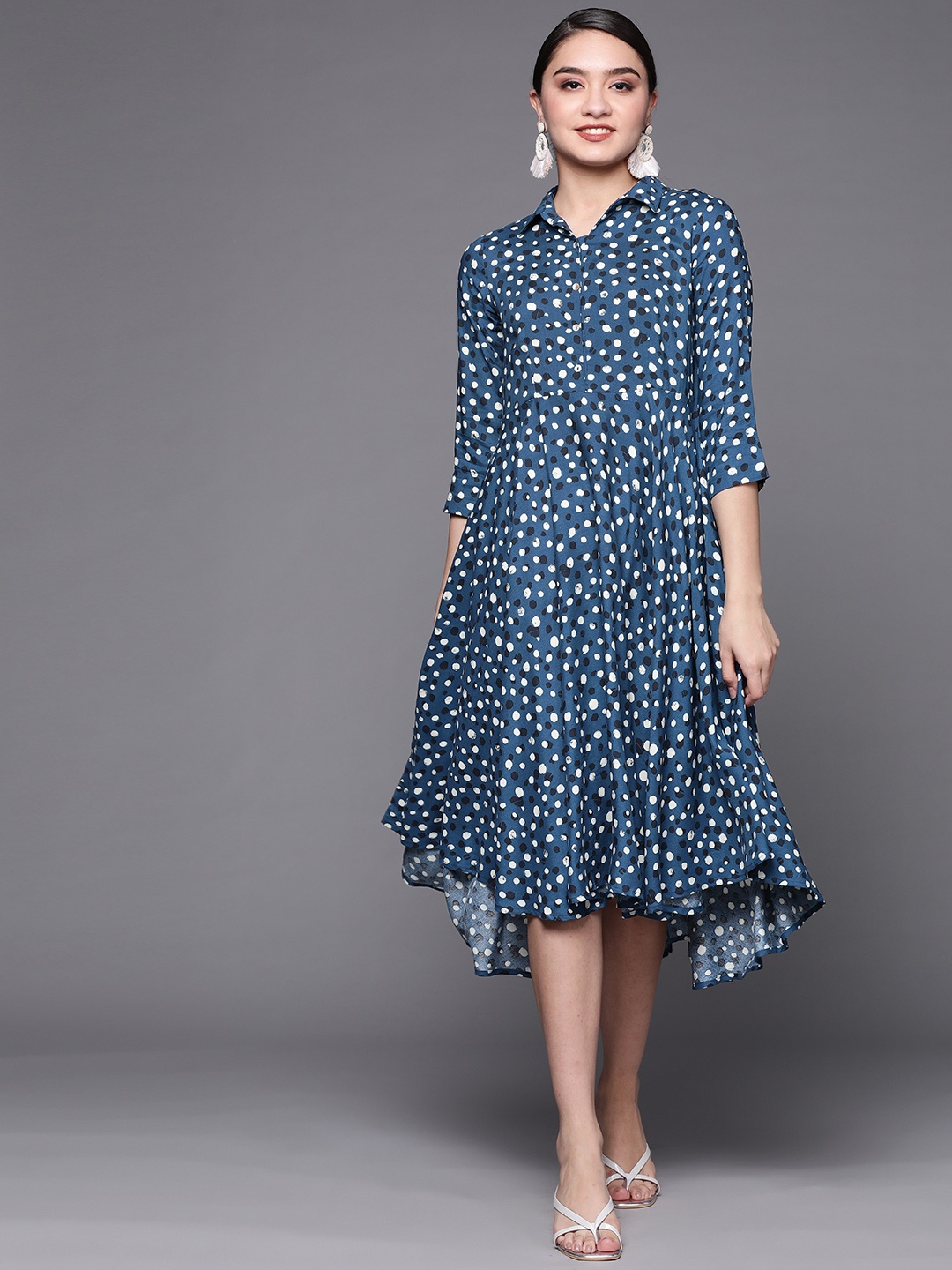 

Biba Women Blue & White Geometric Print A-Line Midi Dress