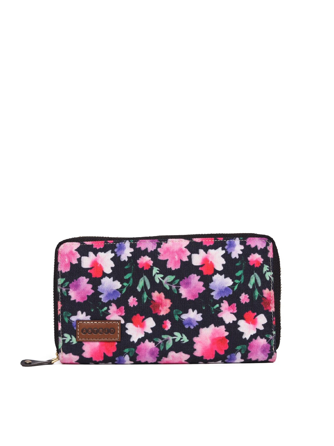 

ASTRID Women Black & Pink Floral Printed Canvas Zip Around Wallet