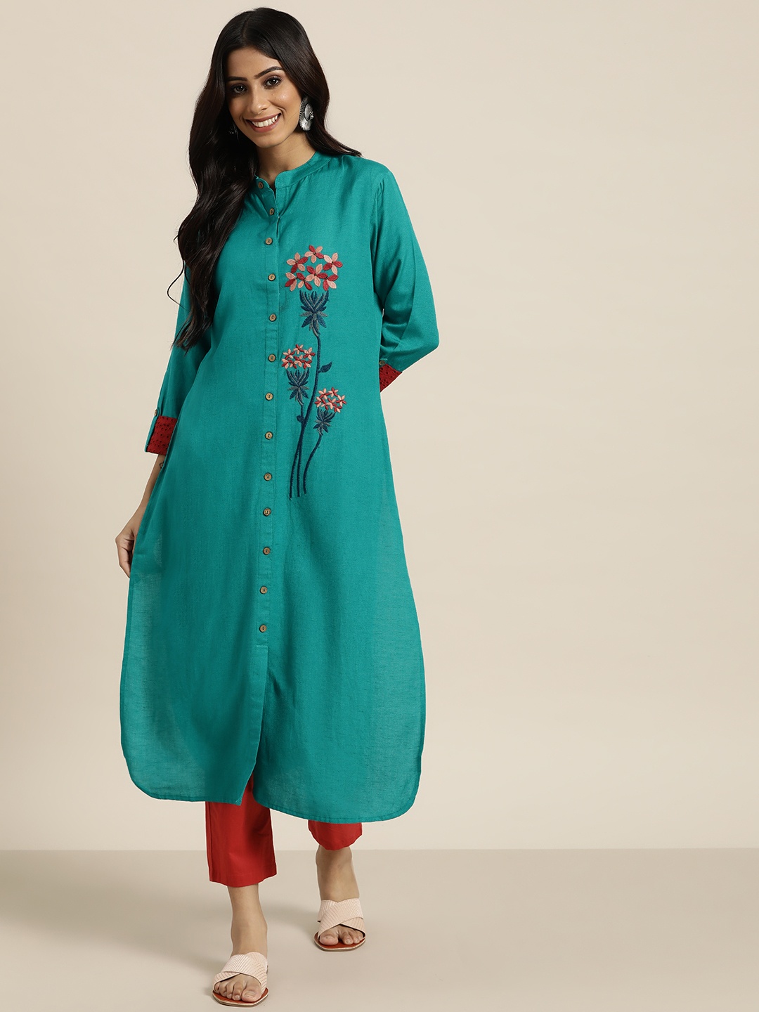 

Sangria Women Turquoise Blue & Red Woven Design Kurta