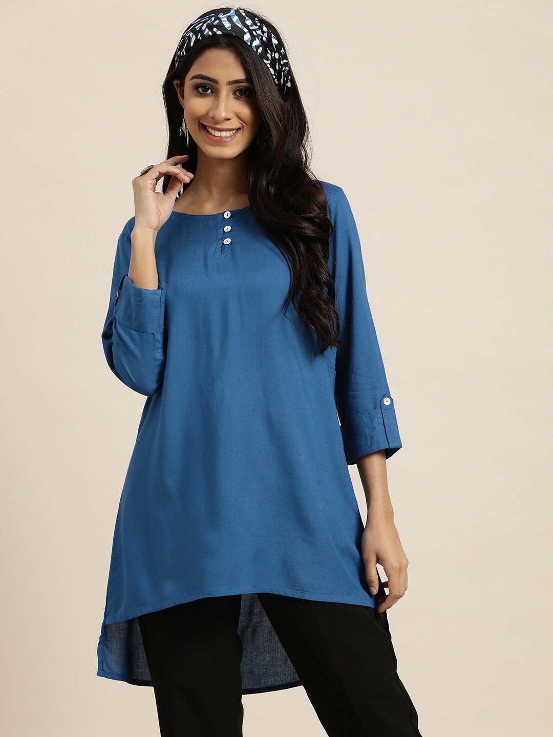 

Sangria Women Blue Roll-Up Sleeves Top