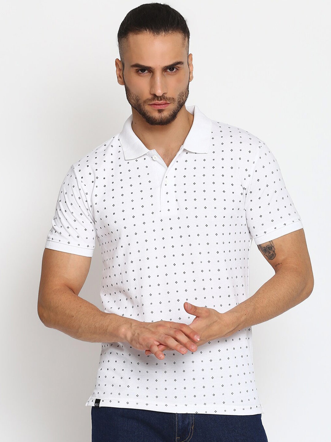 

MKH Men White Printed Polo Collar Sports T-shirt