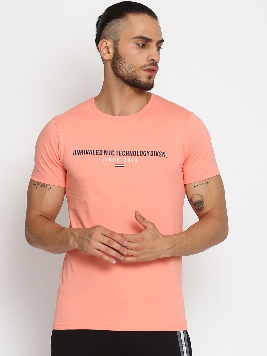 

MKH Men Peach-Coloured Typography Printed Cotton Sports T-shirt