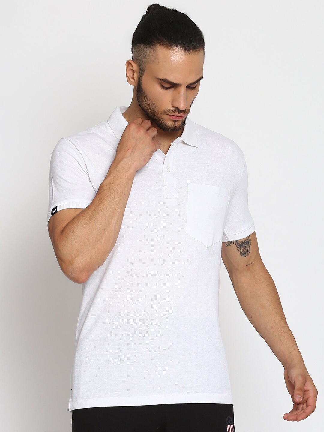 

MKH Men White Polo Collar Pockets Sports T-shirt