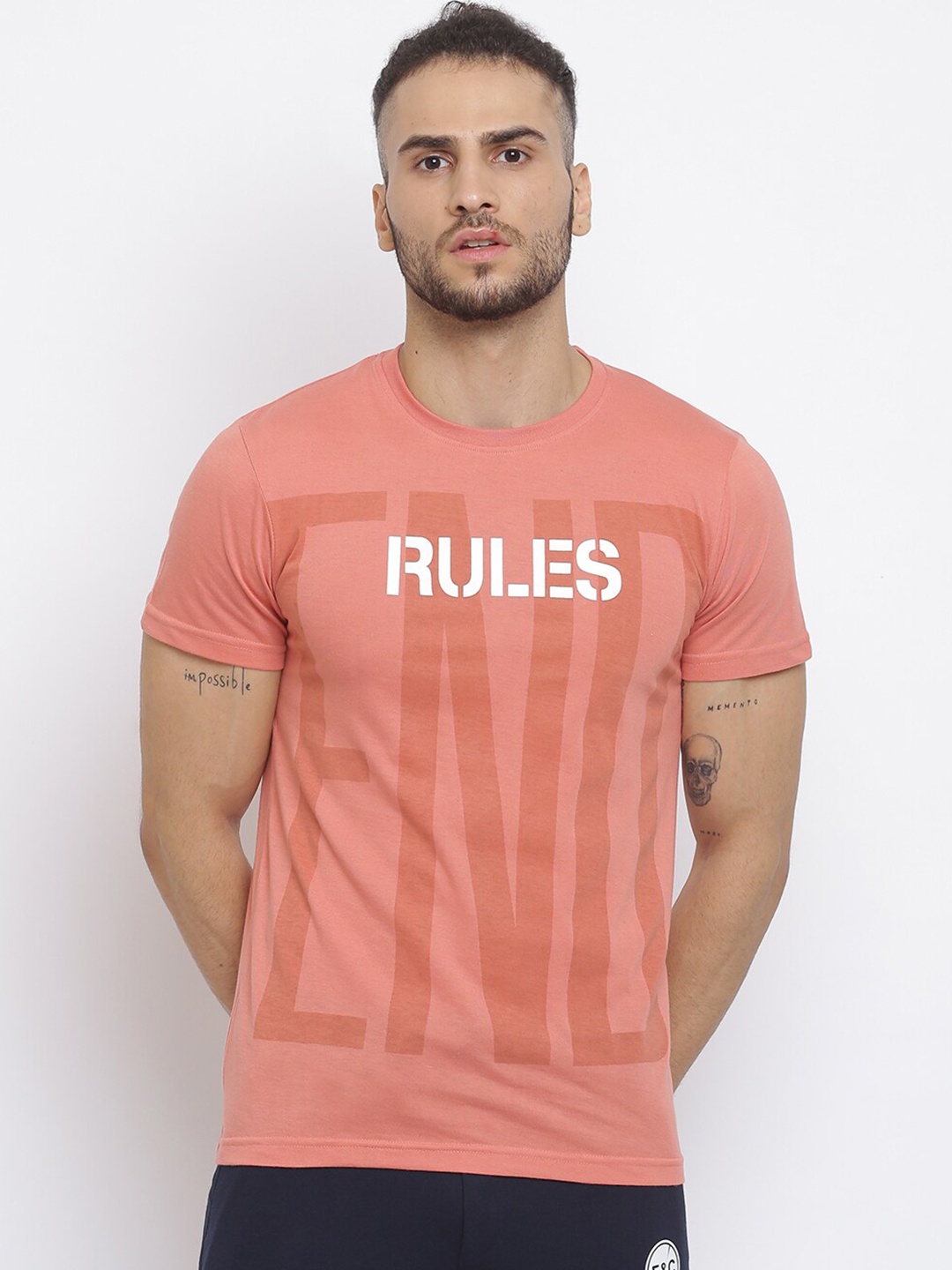 

MKH Men Peach-Coloured Typography Printed Sports T-shirt