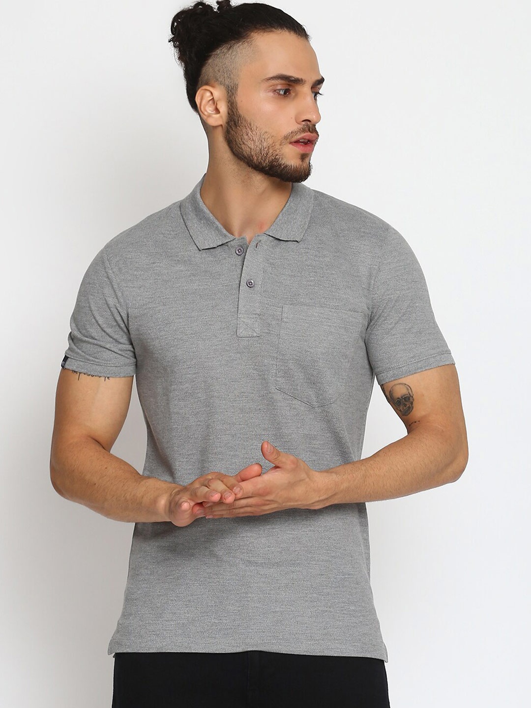 

MKH Men Grey Melange Polo Collar Pockets Sports T-shirt