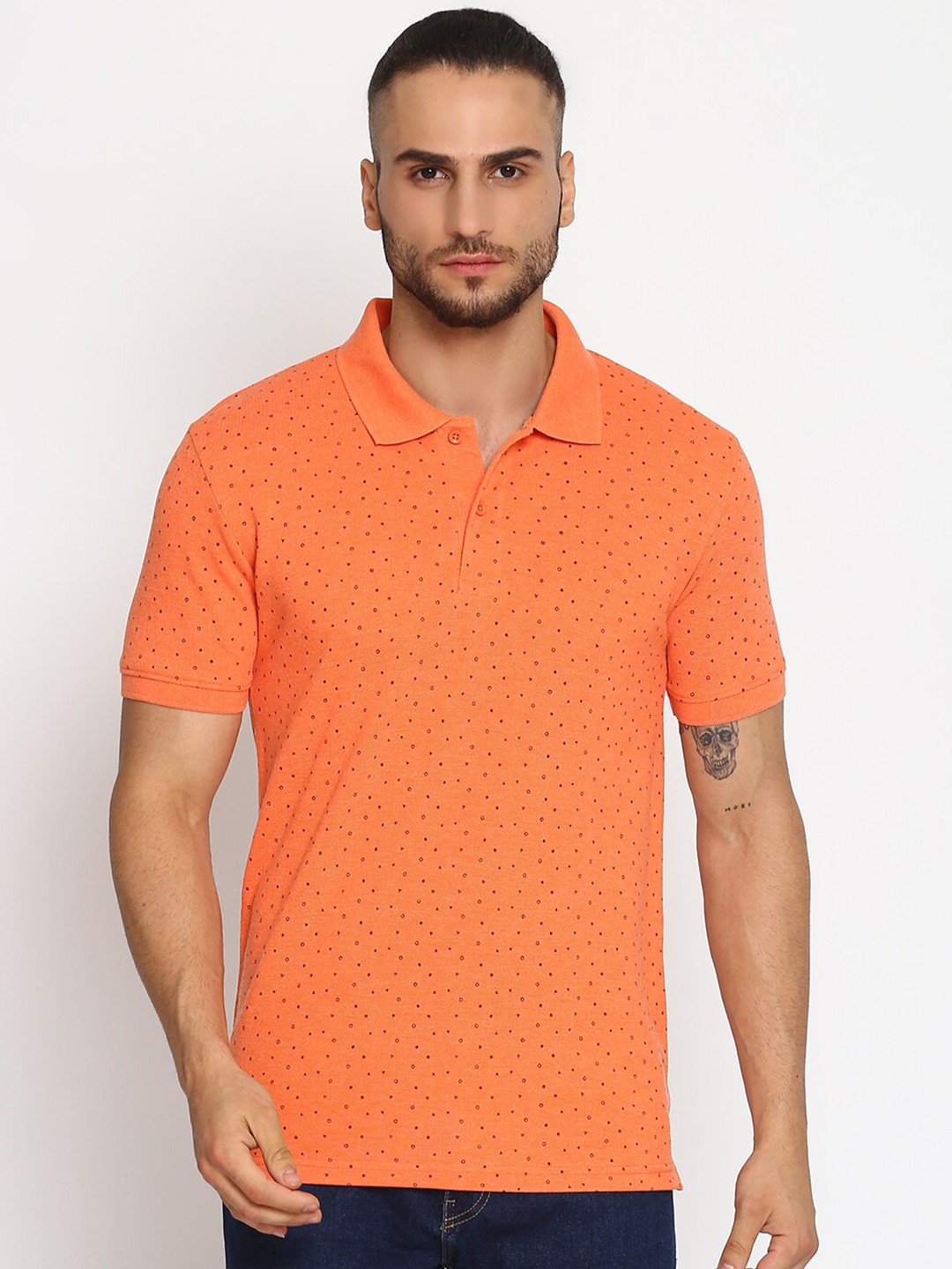 

MKH Men Orange Printed Polo Collar T-shirt