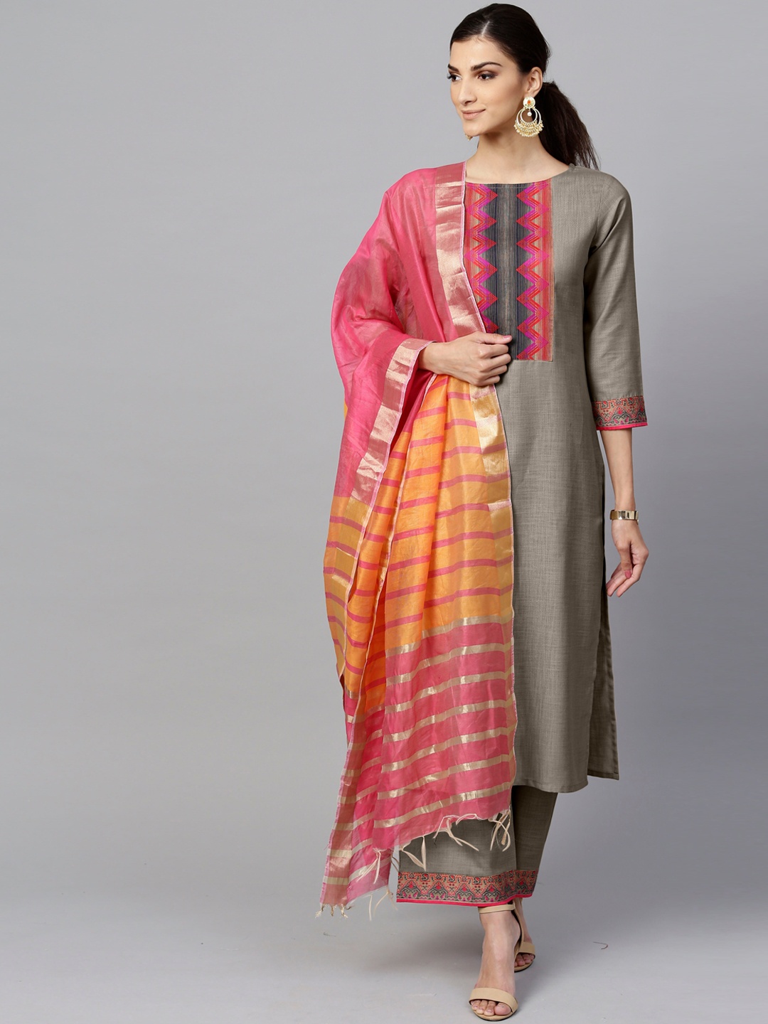 

Indo Era Women Grey Kurta with Palazzos & With Dupatta