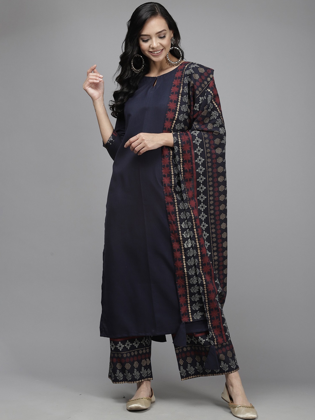 

Indo Era Women Navy Blue Kurta with Palazzos & With Dupatta