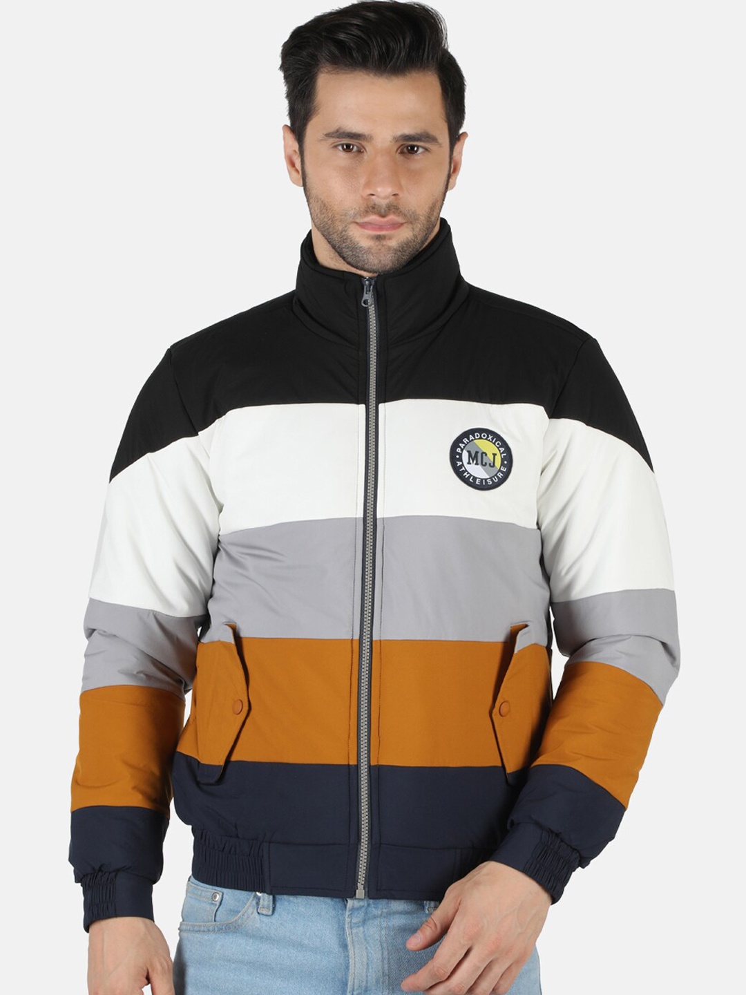 

Monte Carlo Men Black & White Colourblocked Bomber with Patchwork Jacket