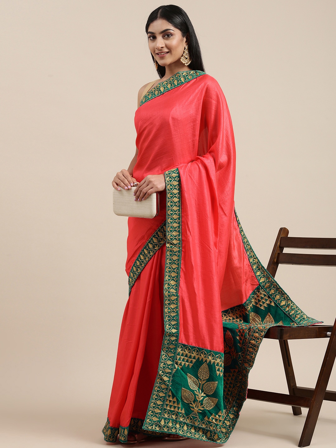 

Mitera Peach-Coloured Embroidered Vichitra Art Silk Saree