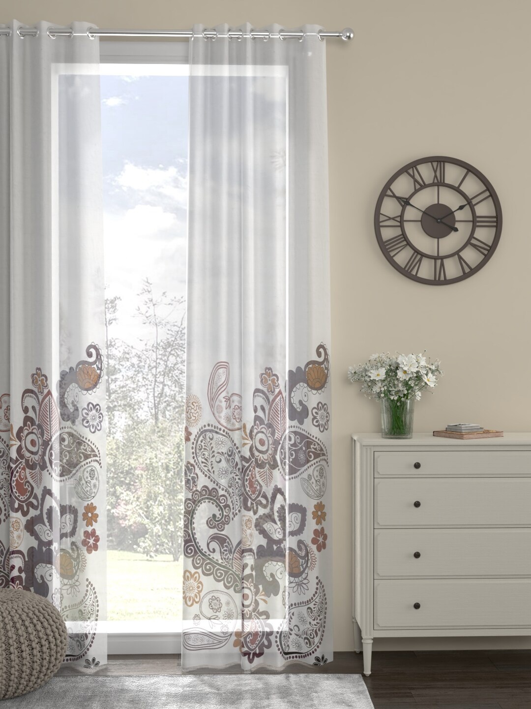 

ROSARA HOME White & Grey Floral Single Sheer Door Curtain