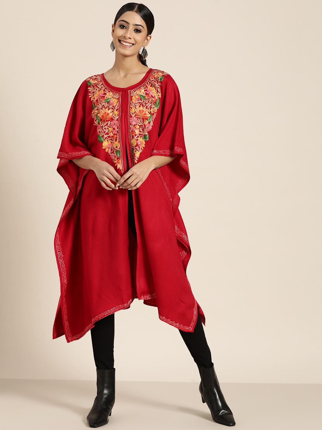 

Sangria Women Red & Yellow Floral Embroidered Extended Sleeves Kaftan Kurta