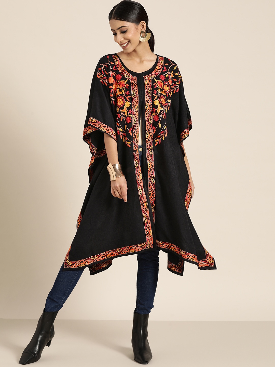 

Sangria Women Black & Yellow Aari Work Yoke Design Kashmiri Embroidered High-Low Pheran