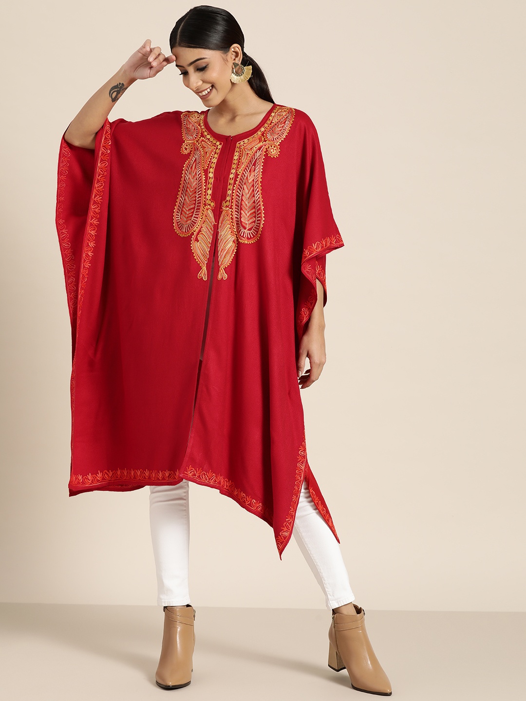 

Sangria Women Red & Yellow Floral Embroidered Extended Sleeves Winter Kaftan Kurta