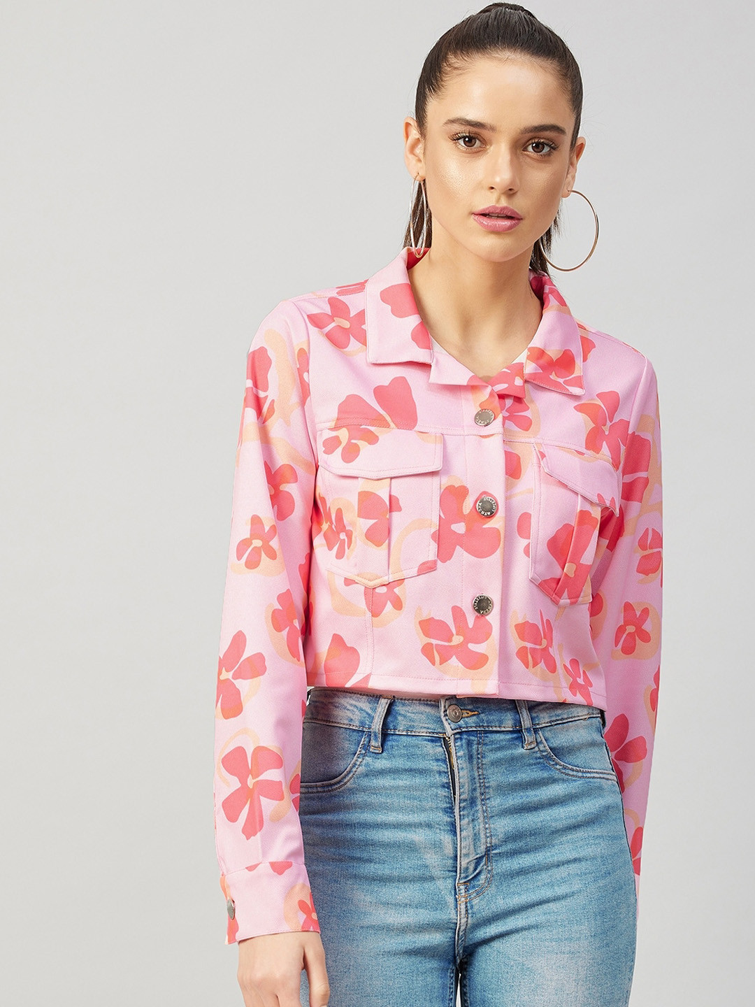 

Athena Women Pink Floral Printed Crop Tailored Jacket