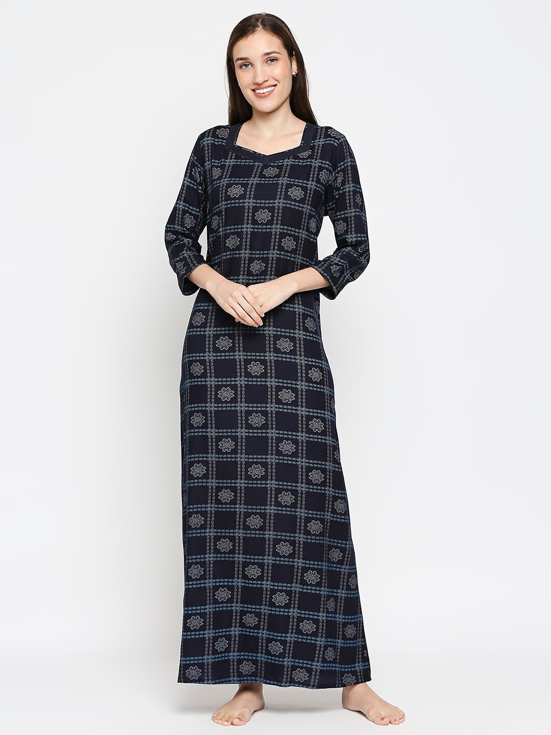 

XIN Navy Blue Printed Maxi Nightdress